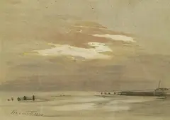 Edward Barnard Lintott, Along the Shore with Wharf at Sunset, Watercolor on paper