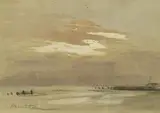 Edward Barnard Lintott, Along the Shore with Wharf at Sunset, Watercolor on paper