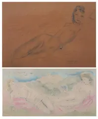 Mariette Lydis, FEMALE NUDES RECLINING ON BED, and FEMALE NUDE: TWO WORKS, first, Color lithograph - Examined under glass, did not unframe