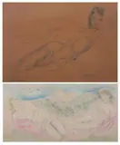 Mariette Lydis, FEMALE NUDES RECLINING ON BED, and FEMALE NUDE: TWO WORKS, first, Color lithograph - Examined under glass, did not unframe