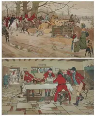 Cecil Aldin, "The Fallowfield Hunt Breakfast at the Tree Pigeons", Set of four offset color lithographs, each dated 1900: "Breakfast at the Three Pigeons", stamped LR, "Breaking Cover" stamped LL, "The Death" stamped LL, "The Hunt Supper" stamped LR