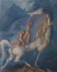 Surrealist School, Nude Figures with White Horse, NUDE FIGURES WITH WHITE HORSE, oil on board