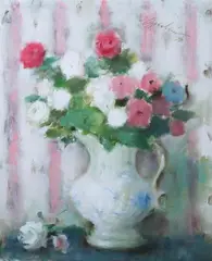 Samuel E Oppenheim, Pink and White Roses in a Pitcher, Oil on canvas