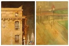Pierce Rice, CORNICE OF BUILDING WITH DISTANT TOWERS and STREET SCENE: TWO WORKS, first, Oil on board