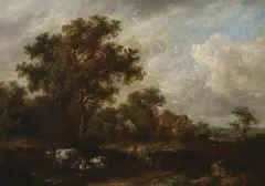 Richard H. Hilder, Landscape with Thatched Home and Cows, LANDSCAPE WITH THATCHED HOME AND COWS, oil on canvas