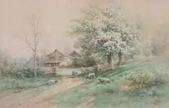 Cottage with Sheep by Carl Weber, Watercolor, offered Sep 2008