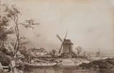 River Scene with Fishermen and Windmill by Edmund Darch Lewis, Brown ink on paper, sold Sep 2008