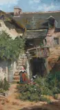 Lady with Doves in Garden on Old Manor House Stairs by Continental School, LADY WITH DOVES IN GARDEN ON OLD MANOR HOUSE STAIRS, oil on canvas mounted on board, offered Sep 2008