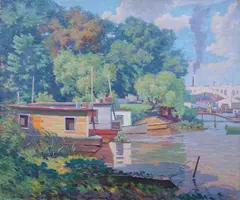 Garnet Jex, Depression Days, 1931 (People Living in Houseboats Above Georgetown), DEPRESSION DAYS, 1931 (PEOPLE LIVING IN HOUSEBOATS ABOVE GEORGETOWN), oil on canvas