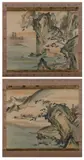 Anonymous, Landscape, Two scrolls, color and ink on silk, unsigned; wood box