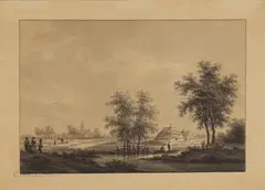 Nicolas Wicart, Untitled, 1717-1740) A river landscape with villagers and a town beyond pen and ink and wash
