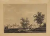 Nicolas Wicart, Untitled, 1717-1740) A river landscape with villagers and a town beyond pen and ink and wash
