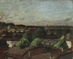 Untitled by Carel Weight, Carel Weight CH RA (1908-1997) 'Rooftops from Ladbroke Square' oil on board 26.5 x 31.5cm, sold Oct 2023