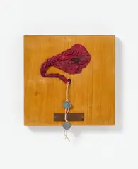 Auktion 419, Los 217 by Piero Manzoni, 1960, Collage. Geplatzter Luftballon, Faden mit Siegeln, auf Holzplatte montiert, sold Nov 2018