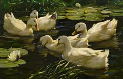 Alexander Koester, Enten im Seerosenteich, Öl auf Leinwand