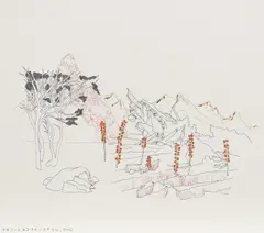 Sven Drühl, F.B.P.V.R.A.D.F.H.C.D.F.S.W, 2002, Faserstift und Farbstift auf Bütten