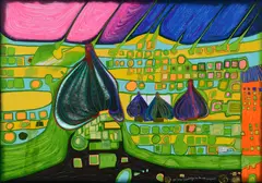 Friedensreich Hundertwasser, Yellow last will, 1971, Farbserigrafie über Silberfolie auf festem Karton, Kanten original mit schwarzem Gewebeklebeband eingefasst