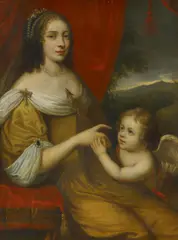 French Master, Porträt einer Hofdame mit einem kleinen Amor, Öl auf Leinwand