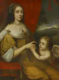 French Master, Porträt einer Hofdame mit einem kleinen Amor, Öl auf Leinwand