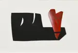 Felix Droese, "Latrinen für Ecuador", 1993, Collage aus zwei ineinander gesteckten Papierschnitten aus schwarzem Karton mit Fußspuren, davon einer mit roter Ölfarbe übermalt auf Karton montiert