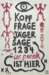 A. R. Penck, Kopf, Frage, Jäger, Sage, 1,2,3,4 A.R. Penck ist hier, 1996, acrylic on glass