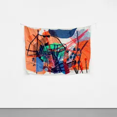 Clustering Thoughts by Jadé Fadojutimi, 2019, cotton, silk viscose velvet, organza ribbon, grosgrain ribbon, velvet ribbon and cotton cord on embroidered linen, sold Dec 2021