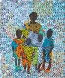 Raphael Adjetey Adjei Mayne, Family Photo, 2018, acrylic, African wax, embroidery and printed fabric collage on unstretched canvas