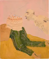 Tweezing Cake by Tala Madani, 2005, oil and graphite on board, sold Dec 2021