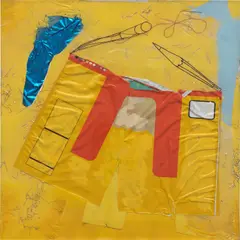 Saturday (Buff Painting) by Alex Da Corte, 2014, IKEA metal frame, UTZ Salt and pepper potato chips, foil, enamel, spray paint, adhesive, vinyl, fabric and glue, offered Dec 2021
