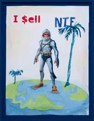Federico Luger, I Sell NFT, 2021, oil on unstretched canvas, in artist's frame