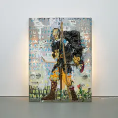 Aaron Fowler, Aaron Fowler Looks for a Way Out of the City of Destruction, 2015, acrylic, fabric collage, paper, fake hair, plastic, bin bags, shoelaces, gold leaf, wool, CD-Roms, plastic flower, polyurethane, electrical components and mixed media on Plexiglas light box mounted on a glass, metal and wood frame, in 2 parts