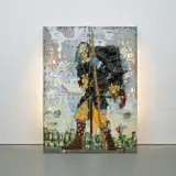 Aaron Fowler, Aaron Fowler Looks for a Way Out of the City of Destruction, 2015, acrylic, fabric collage, paper, fake hair, plastic, bin bags, shoelaces, gold leaf, wool, CD-Roms, plastic flower, polyurethane, electrical components and mixed media on Plexiglas light box mounted on a glass, metal and wood frame, in 2 parts