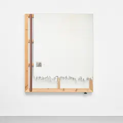 Michael Wilkinson, Never Work 4, 2011, etched mirror, wood, two-inch tape, painted badge, card, cellophane, technics foot and image from Guy Debord's Panegyric showing 'NE TRAVAILLEZ JAMAIS' graffiti