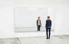 Mirror Wall by Jeppe Hein, 2010, mirror foil, wooden frame substructure, vibration system, sold Dec 2021
