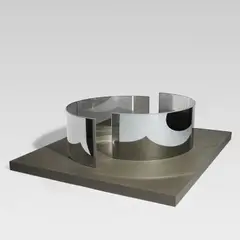 Dan Graham, Palais des Beaux Arts, Exhibition Voici, 2001, painted wood, two way mirrored glass, lead and steel
