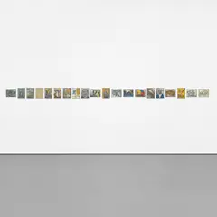 Albert Oehlen, Retrospektiv, 1986, (i-iv, viii-xi, xiii, xv, xvi, xviii-xx) oil on canvas board (vi, vii) oil and mirror on canvas board (xii, xiv) oil, paper and cello tape on canvas board (iv, xvii) oil and collage on canvas board