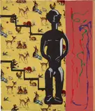 Sigmar Polke, Negerplastik, 1968, dispersion paint and Leukoplast medical tape on patterned fabric