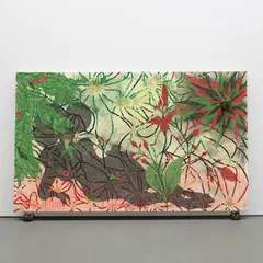 Chris Ofili, Triple Beam Dreamer, 2001-2002, acrylic, oil, leaves, glitter, polyester resin, map pins and elephant dung on linen, with two elephant dung supports