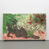 Chris Ofili, Triple Beam Dreamer, 2001-2002, acrylic, oil, leaves, glitter, polyester resin, map pins and elephant dung on linen, with two elephant dung supports