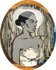 Mickalene Thomas, Portrait of Lili in Black and White, 2008, acrylic, rhinestones and enamel on wood panel