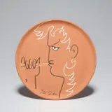 Jean Cocteau, Le Joueur de pipeau (The Pipe Player) (G. 77), 1963, Red earthenware round plate painted in coloured enamels