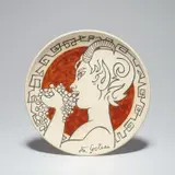 Jean Cocteau, Faune aux raisins (Faun with Grapes) (G. 139), 1962, White earthenware round dish painted in coloured enamels