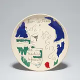 Jean Cocteau, La Machine infernale (The Infernal Machine) (G. 197), 1957, White earthenware round dish painted in coloured enamels