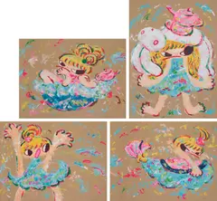 Ayako Rokkaku, Hayaumare March, 2017, The complete set of four screenprints in colours, on corrugated cardboard, the full sheets, with colophon, all contained in the original light blue paper-covered portfolio with printed title