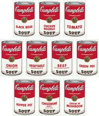Andy Warhol, Campbell's Soup I (F. & S. 44-53), 1968, The complete set of 10 screenprints in colours, on wove paper, with full margins, the colours bright and fresh, with original cardboard portfolio with red and white labels (stamped 'Andy Warhol' and 'Campbell's), and original cardboard inset dividers