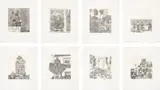 Jonas Wood, 8 Etchings, 2014, The complete set of eight etchings, with chine-collé to Japanese paper, with full margins, with accompanying exhibition print
