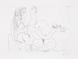 Pablo Picasso, Femme aux trois Profils, en Chemise et en Bottines, et Femme nue songeant (Woman with Three Profiles, in a Shirt and Boots, and a Nude Woman Thinking), plate 142 from Séries 156 (Bl. 1996, Ba. 2006), 1971, Etching, on BFK Rives paper, with full margins