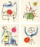 Joan Miró, La Bague d'aurore (The Ring of Dawn) (D. 122-125, 128, C. 45), 1957, The complete book including five etching and aquatints in colours, on Rives paper, with full margins, and one drypoint on the front cover wrappers, the sheets loose and folded (as issued) within the original paper-covered folio, all contained within the original grey laid paper-covered heavy board folio with red printed title on the side and black paper-covered slipcase