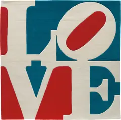 Chosen Love by Robert Indiana, 1995, Skein dyed, hand carved and hand tufted archival New Zealand woolen rug, with natural latex backing, sold Jun 2021
