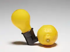 Joseph Beuys, Capri-Batterie (Capri Battery) (S. 546), 1985, Multiple comprising light bulb (Mazda) with manufacturer's inkstamp, plug socket, and exchangeable lemon, all contained in the original wooden box with yellow printed title